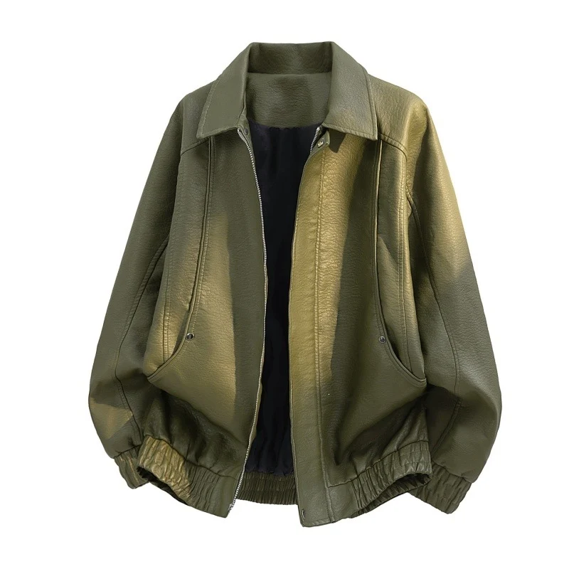 Herren Oversize Kunstleder-Bomberjacke mit Reißverschluss, elastischem Saum und Eingrifftaschen Drune