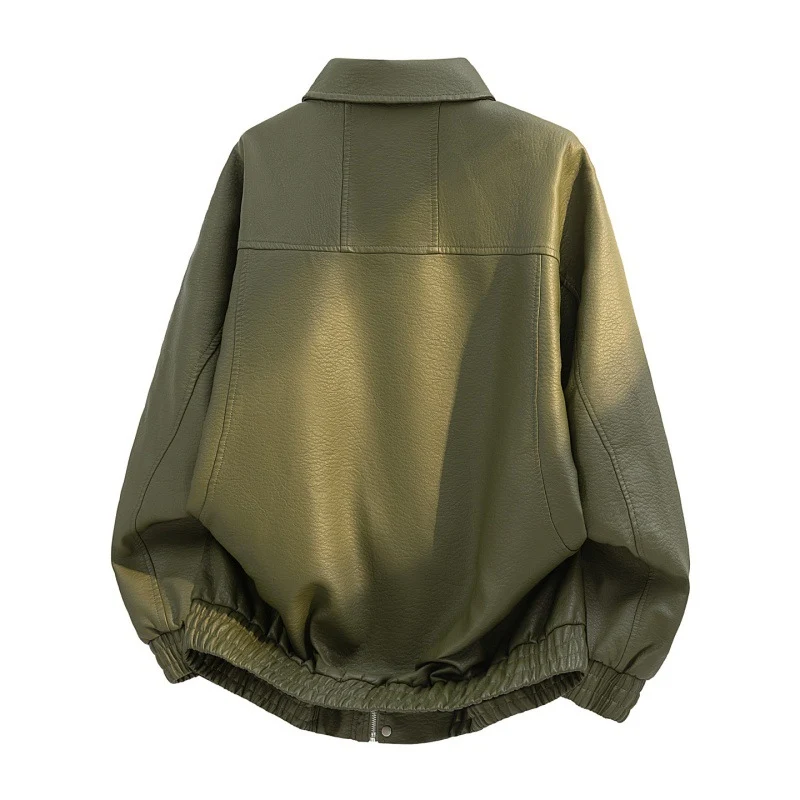 Herren Oversize Kunstleder-Bomberjacke mit Reißverschluss, elastischem Saum und Eingrifftaschen Drune