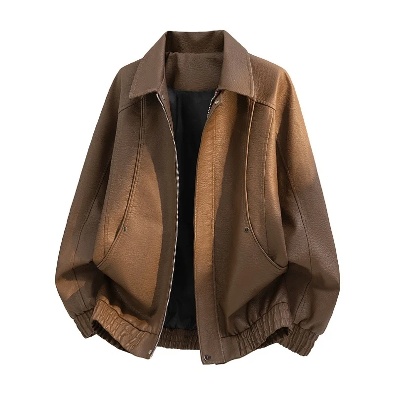 Herren Oversize Kunstleder-Bomberjacke mit Reißverschluss, elastischem Saum und Eingrifftaschen Drune