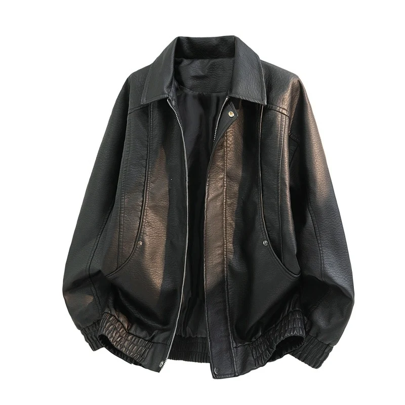 Herren Oversize Kunstleder-Bomberjacke mit Reißverschluss, elastischem Saum und Eingrifftaschen Drune