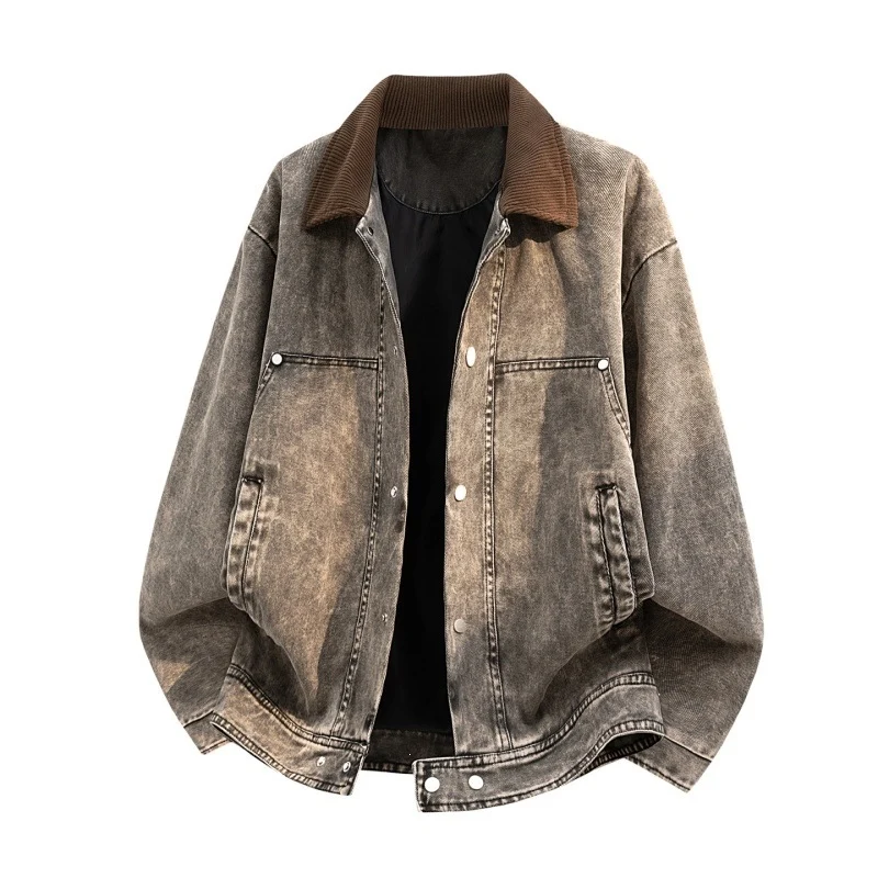 Herren Oversize-Jeansjacke im Used-Look mit Cordkragen & Druckknopffront Drune