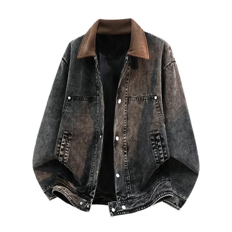 Herren Oversize-Jeansjacke im Used-Look mit Cordkragen & Druckknopffront Drune