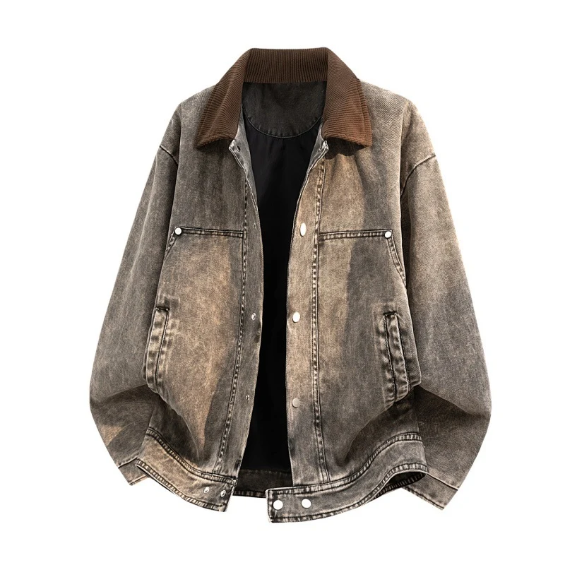 Herren Oversize-Jeansjacke im Used-Look mit Cordkragen & Druckknopffront Drune