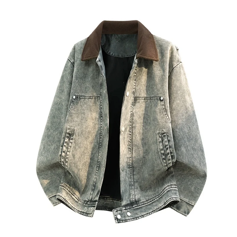 Herren Oversize-Jeansjacke im Used-Look mit Cordkragen & Druckknopffront Drune