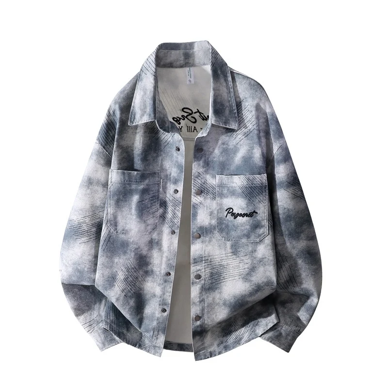 Herren Oversize-Hemdjacke im gewaschenen Batik-Look mit Druckknopf‑Front & aufgesetzten Brusttaschen Drune