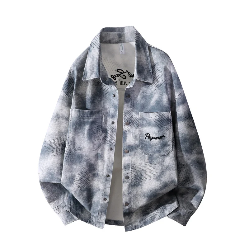 Herren Oversize-Hemdjacke im gewaschenen Batik-Look mit Druckknopf‑Front & aufgesetzten Brusttaschen Drune