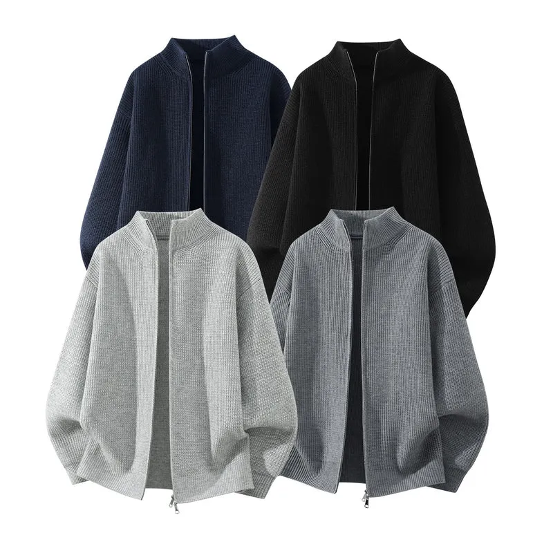 Herren Oversize Grobstrick-Zipcardigan mit Stehkragen und Zwei-Wege-Reißverschluss Drune