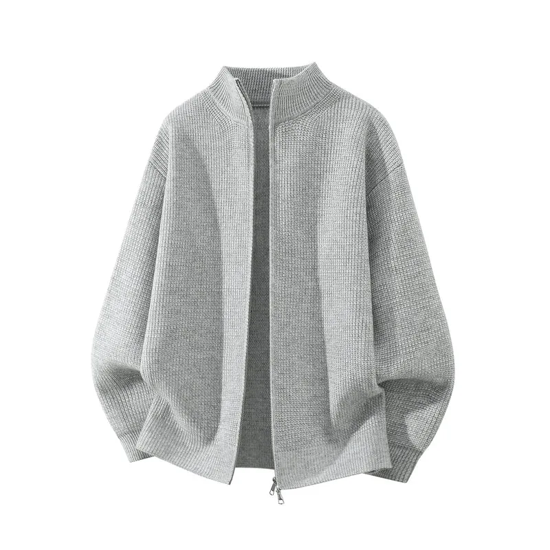 Herren Oversize Grobstrick-Zipcardigan mit Stehkragen und Zwei-Wege-Reißverschluss Drune