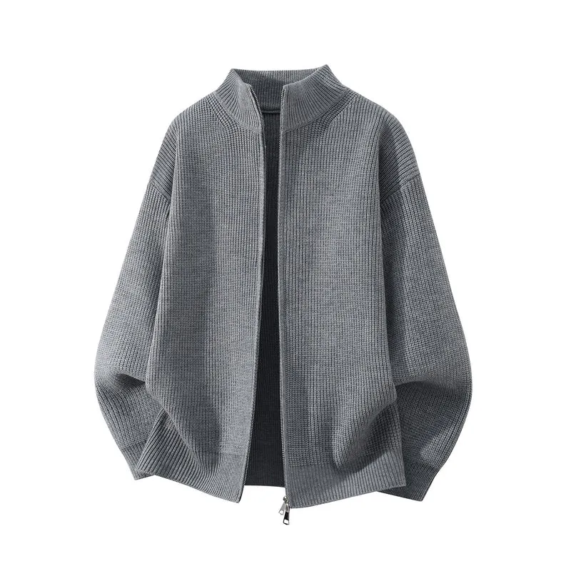 Herren Oversize Grobstrick-Zipcardigan mit Stehkragen und Zwei-Wege-Reißverschluss Drune