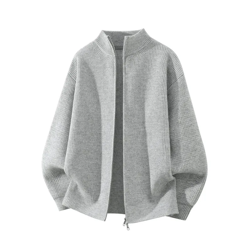 Herren Oversize Grobstrick-Zipcardigan mit Stehkragen und Zwei-Wege-Reißverschluss Drune