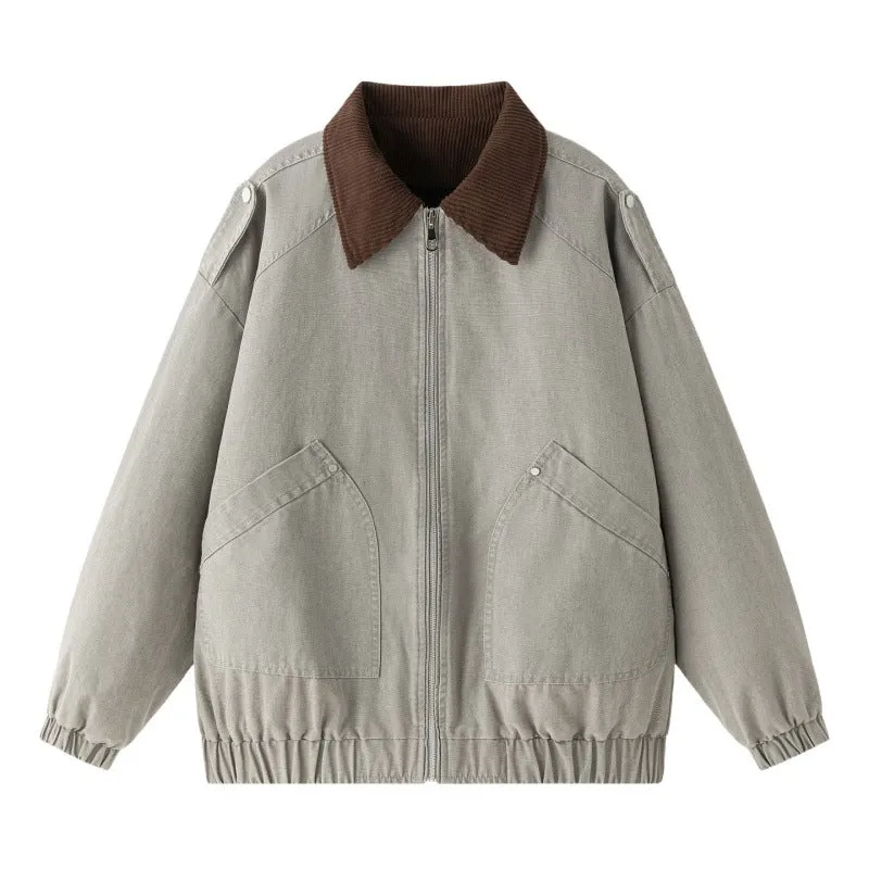 Herren Oversize Denim‑Bomberjacke mit Rippenkragen, elastischem Saum & schrägen Pattentaschen Drune