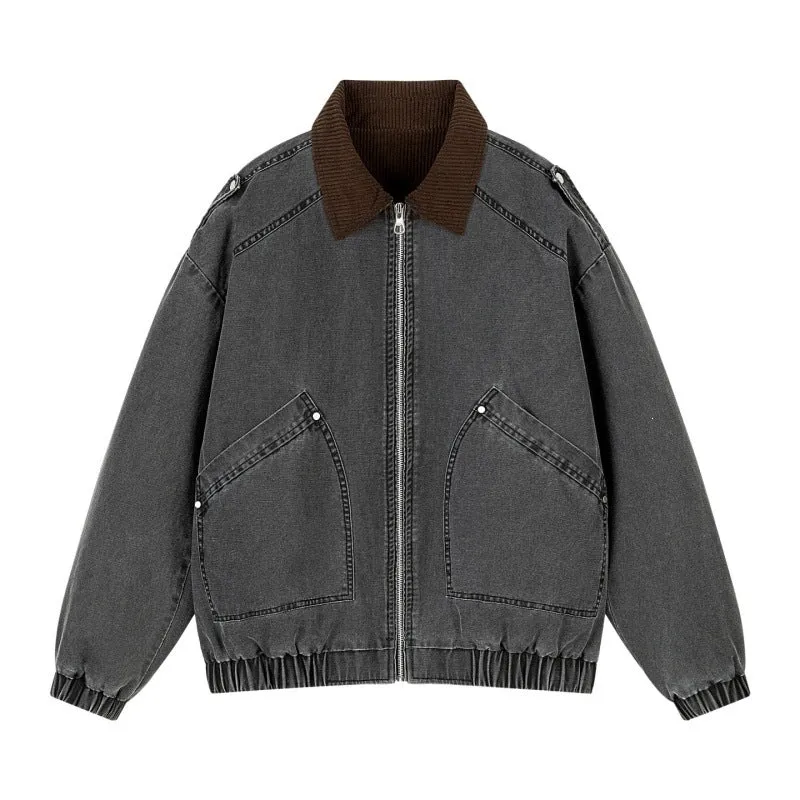 Herren Oversize Denim‑Bomberjacke mit Rippenkragen, elastischem Saum & schrägen Pattentaschen Drune