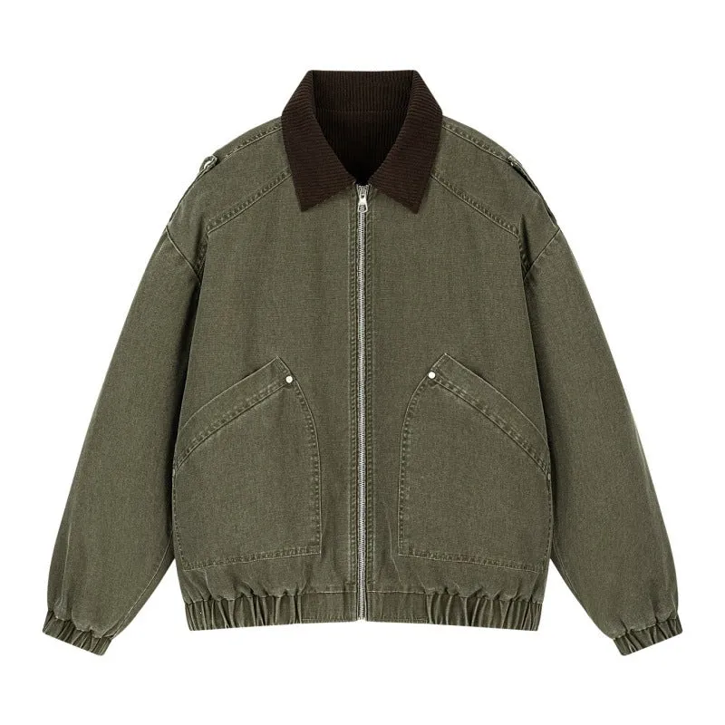 Herren Oversize Denim‑Bomberjacke mit Rippenkragen, elastischem Saum & schrägen Pattentaschen Drune