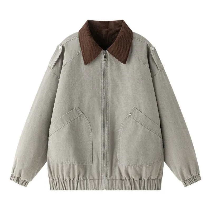 Herren Oversize Denim‑Bomberjacke mit Rippenkragen, elastischem Saum & schrägen Pattentaschen Drune