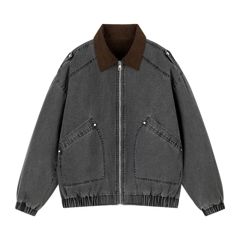 Herren Oversize-Canvas-Bomberjacke mit Cordkragen, Reißverschluss & Eingrifftaschen Drune