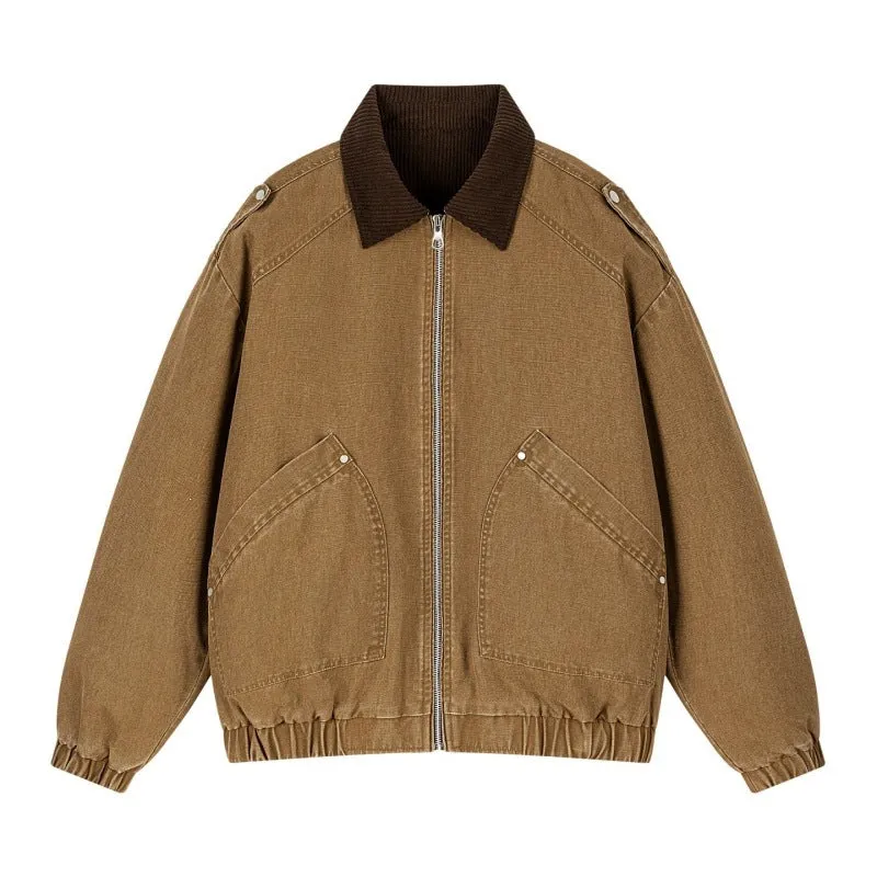 Herren Oversize-Canvas-Bomberjacke mit Cordkragen, Reißverschluss & Eingrifftaschen Drune