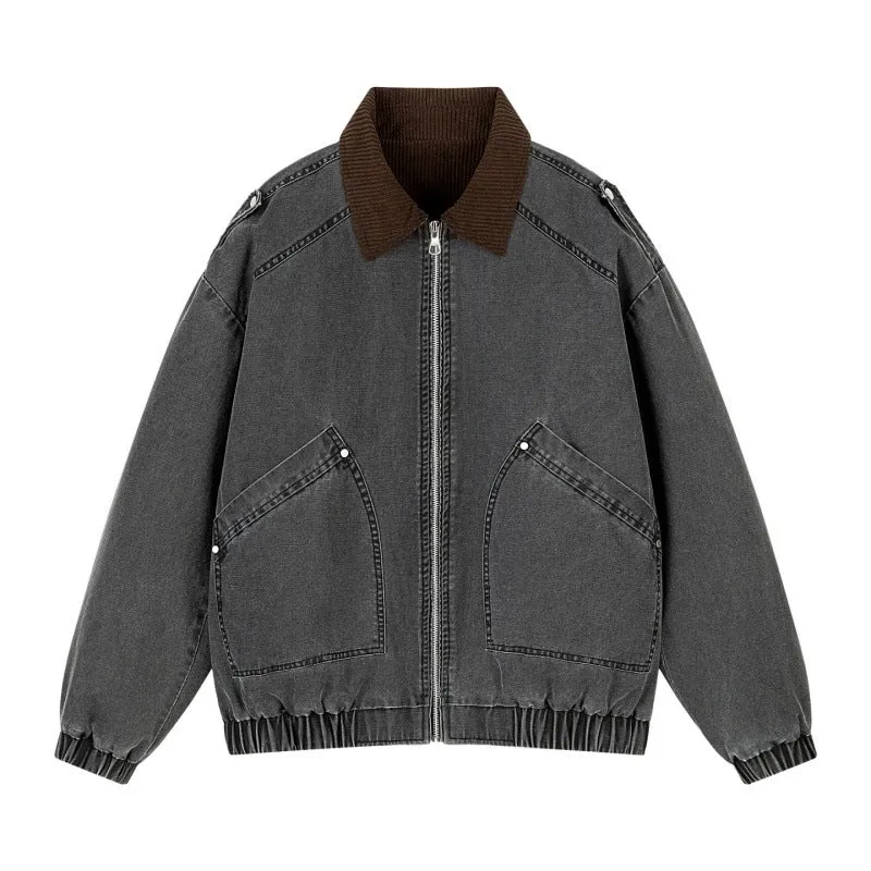 Herren Oversize-Canvas-Bomberjacke mit Cordkragen, Reißverschluss & Eingrifftaschen Drune