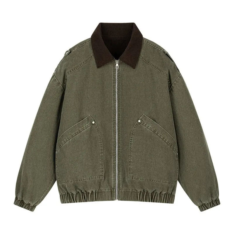 Herren Oversize-Canvas-Bomberjacke mit Cordkragen, Reißverschluss & Eingrifftaschen Drune