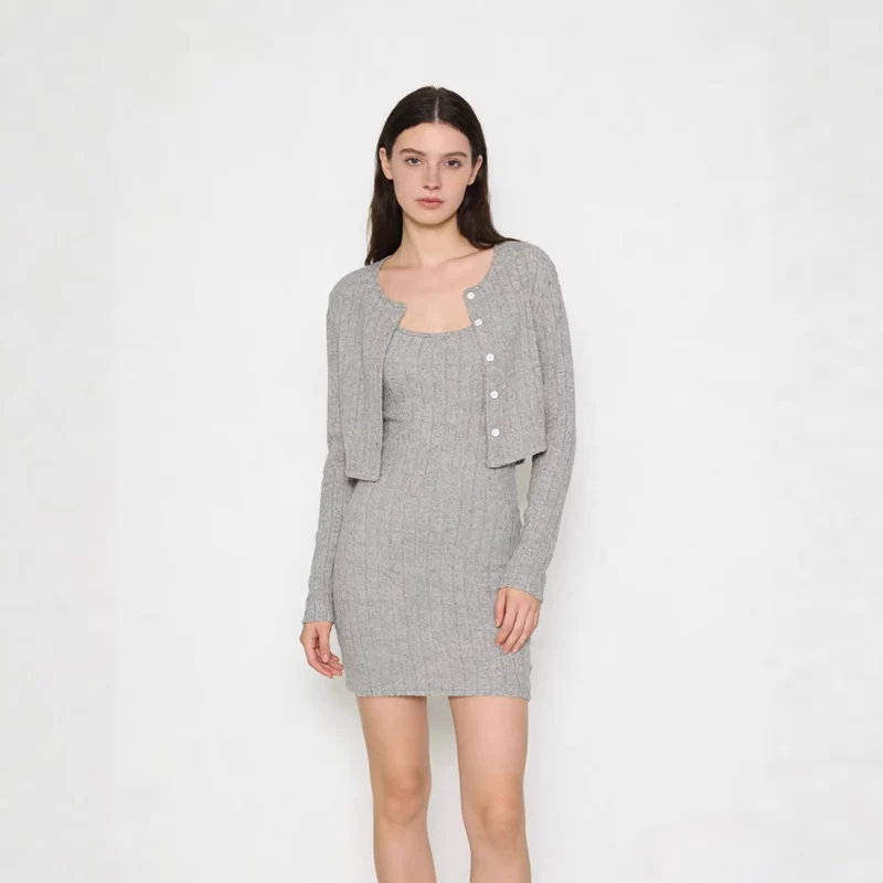 Damen Figurbetontes Strickkleid mit passender Strickjacke Drune