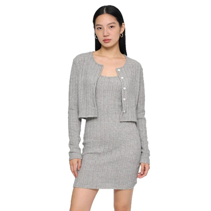 Damen Figurbetontes Strickkleid mit passender Strickjacke Drune