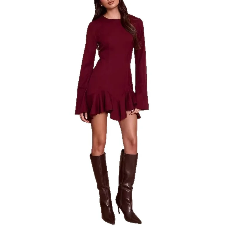 Damen Elegantes Wickelkleid mit Rüschensaum Drune