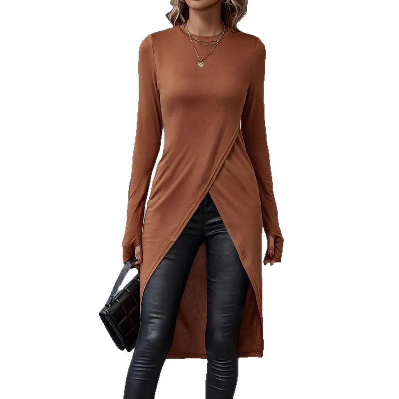 Damen Elegantes Wickelkleid mit langen Ärmeln Drune