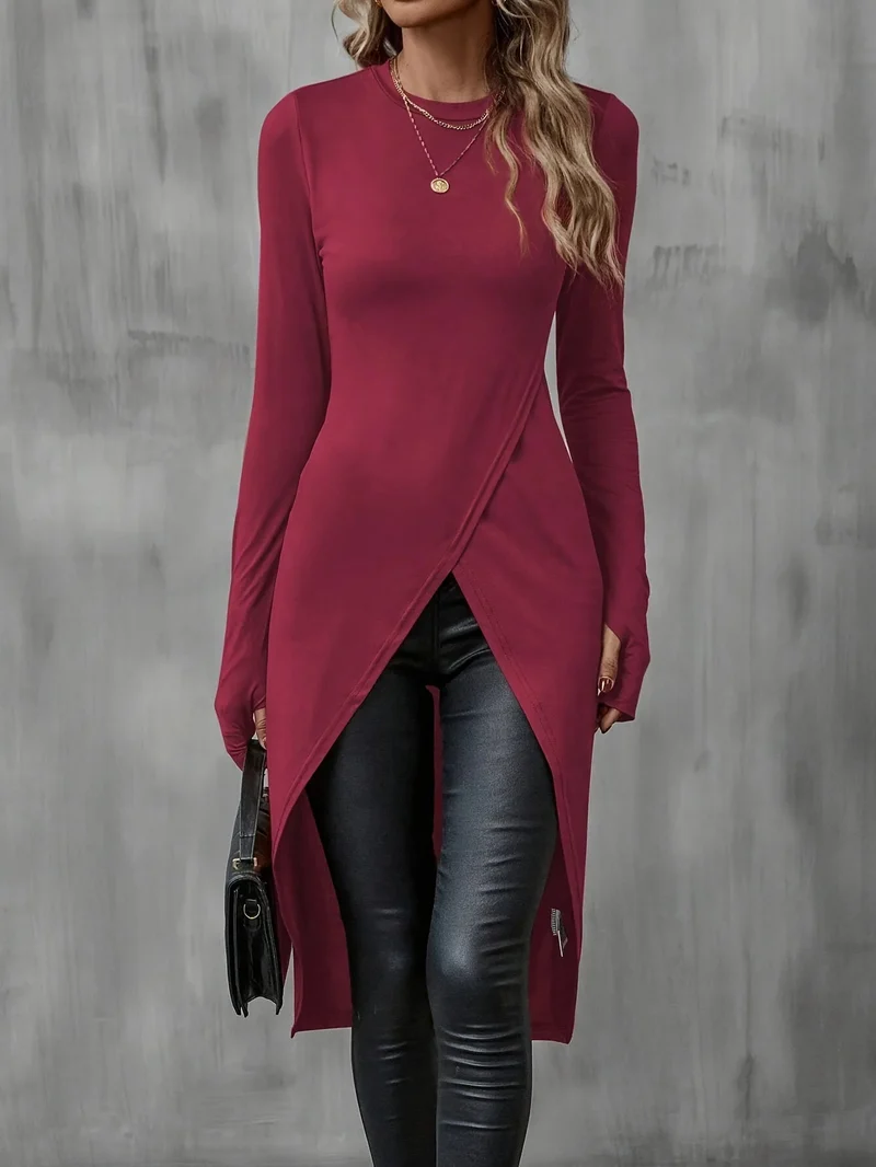 Damen Elegantes Wickelkleid mit langen Ärmeln Drune