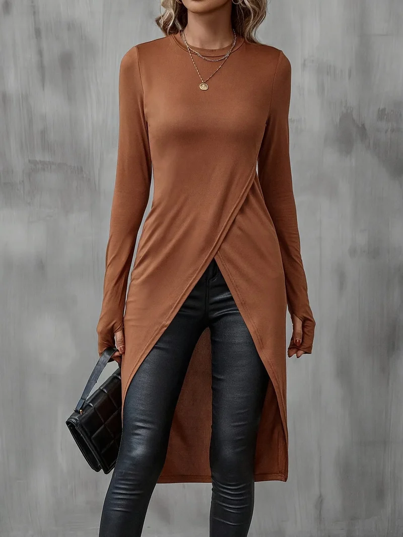 Damen Elegantes Wickelkleid mit langen Ärmeln Drune