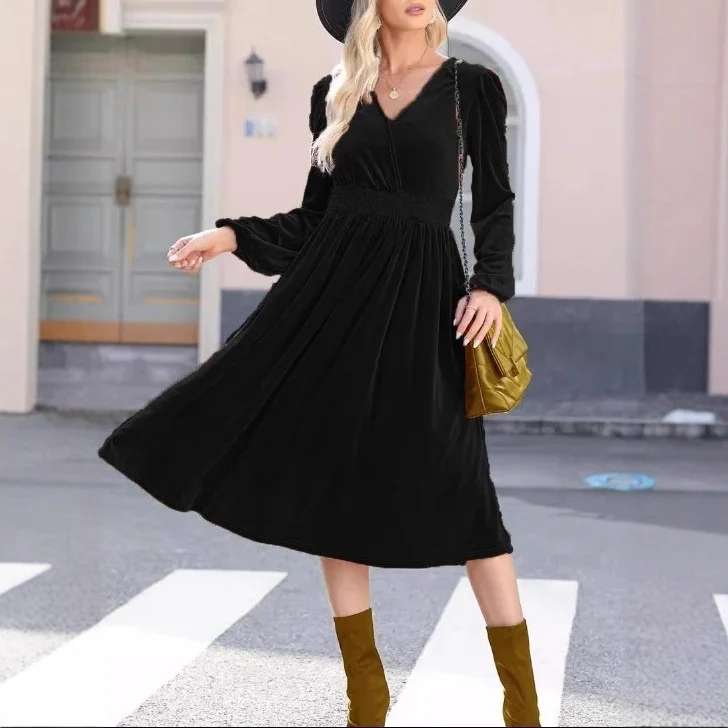 Damen Elegantes Velours Maxikleid mit langen Ärmeln Drune