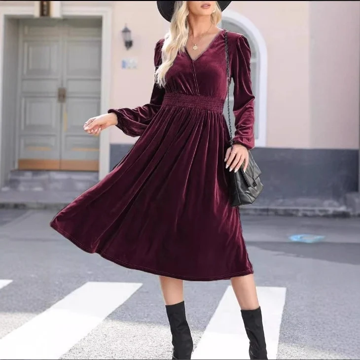 Damen Elegantes Velours Maxikleid mit langen Ärmeln Drune