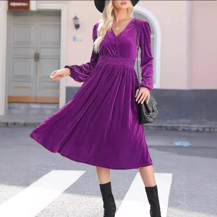 Damen Elegantes Velours Maxikleid mit langen Ärmeln Drune