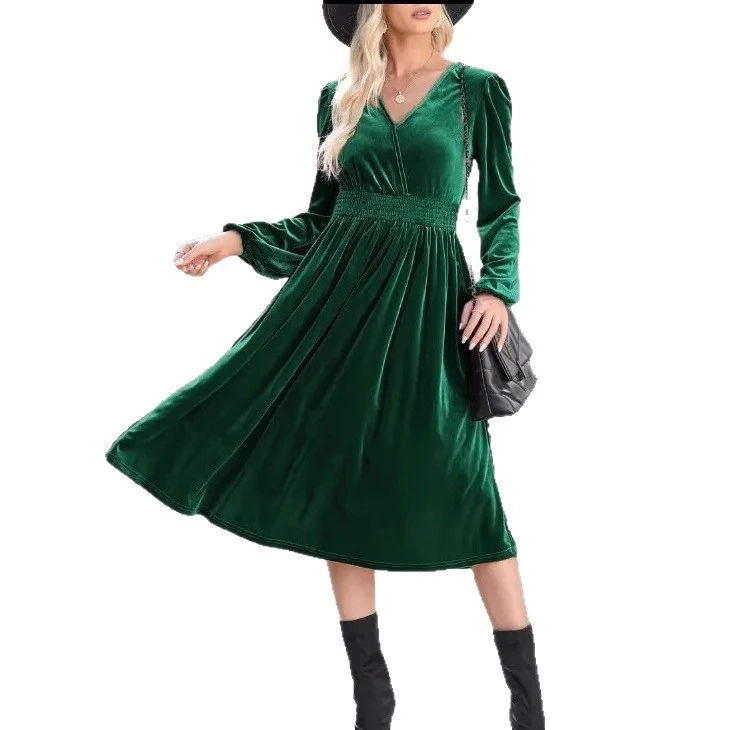 Damen Elegantes Velours Maxikleid mit langen Ärmeln Drune