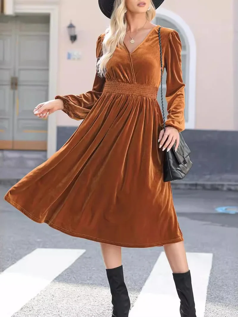 Damen Elegantes Velours Maxikleid mit langen Ärmeln Drune
