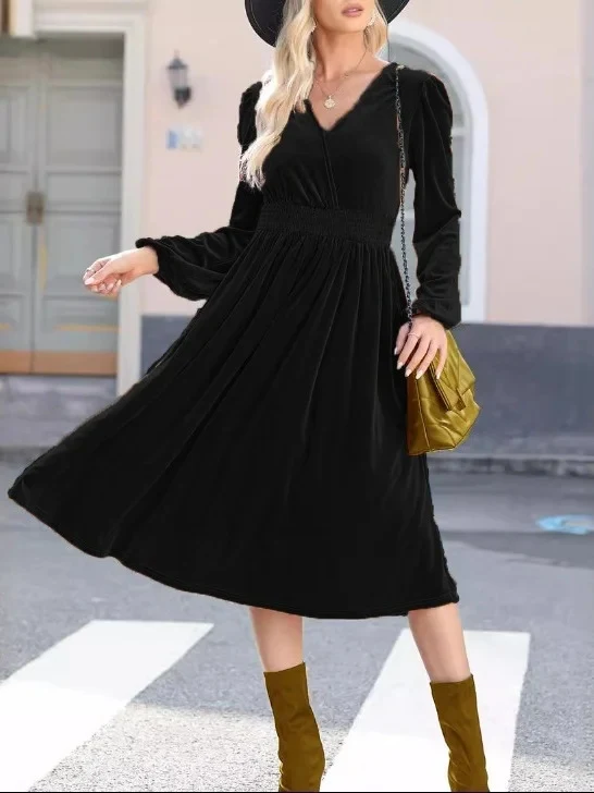 Damen Elegantes Velours Maxikleid mit langen Ärmeln Drune
