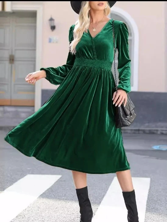 Damen Elegantes Velours Maxikleid mit langen Ärmeln Drune