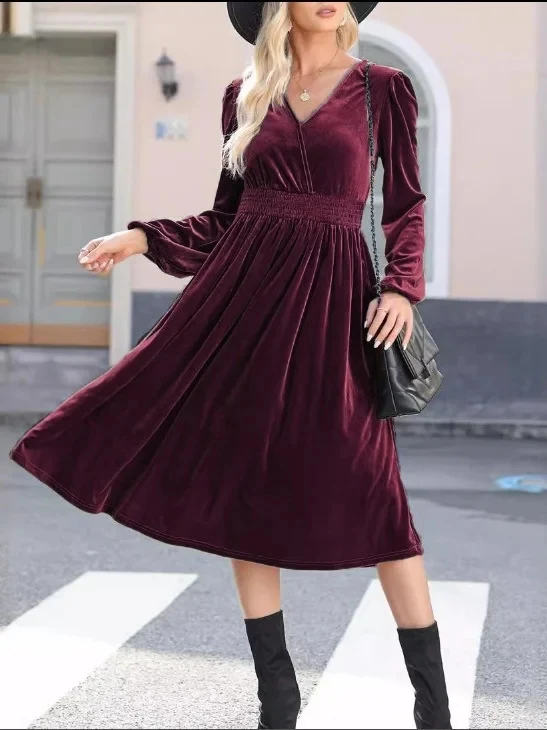 Damen Elegantes Velours Maxikleid mit langen Ärmeln Drune