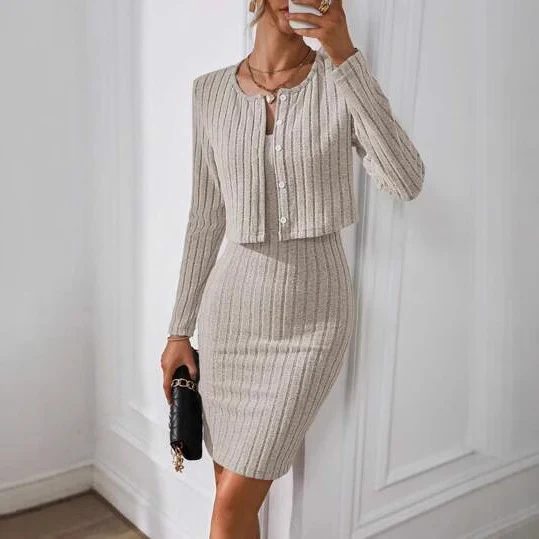 Damen Elegantes Strickkleid mit kurzem Cardigan Drune