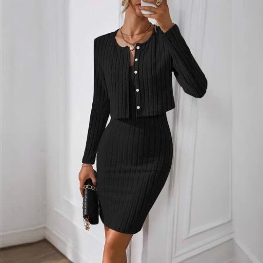 Damen Elegantes Strickkleid mit kurzem Cardigan Drune