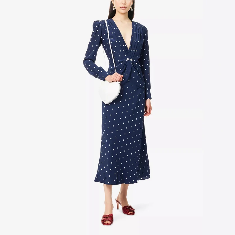 Damen Elegantes Polka-Dot Maxikleid mit tiefem V-Ausschnitt Drune