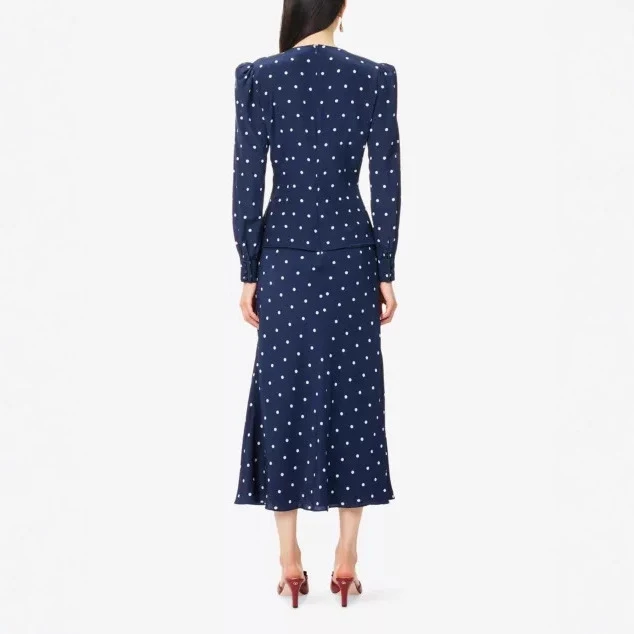 Damen Elegantes Polka-Dot Maxikleid mit tiefem V-Ausschnitt Drune