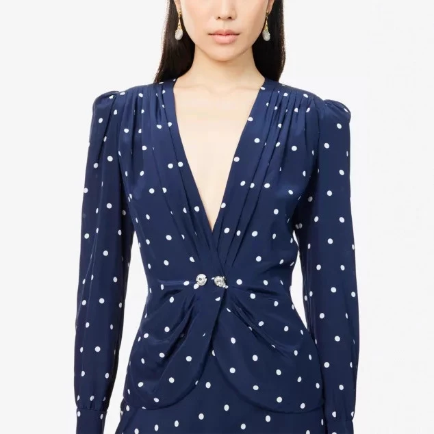 Damen Elegantes Polka-Dot Maxikleid mit tiefem V-Ausschnitt Drune