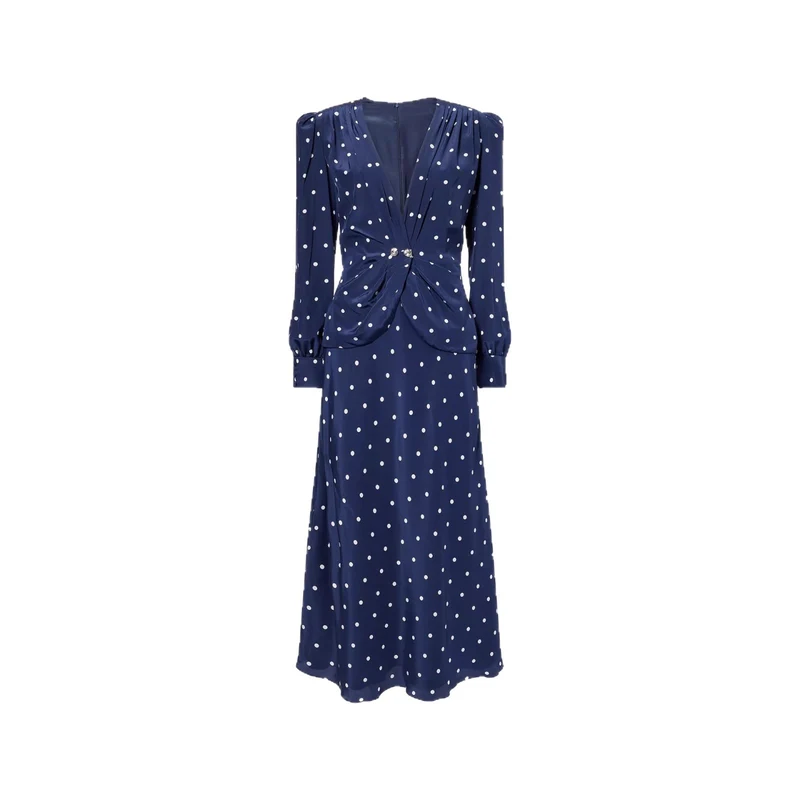 Damen Elegantes Polka-Dot Maxikleid mit tiefem V-Ausschnitt Drune