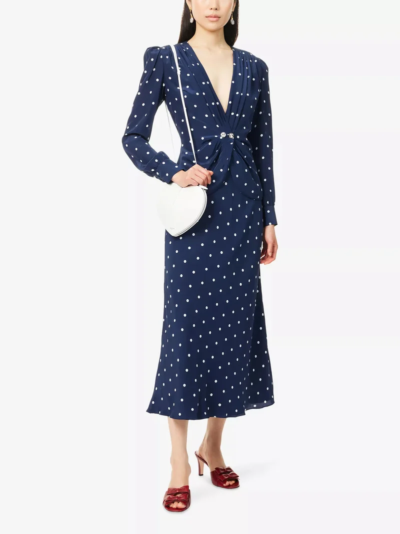 Damen Elegantes Polka-Dot Maxikleid mit tiefem V-Ausschnitt Drune