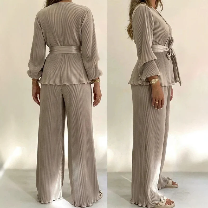 Damen Elegantes Plissee-Hosenanzug mit Bindegürtel Drune
