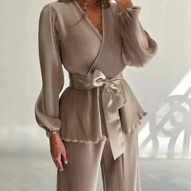 Damen Elegantes Plissee-Hosenanzug mit Bindegürtel Drune