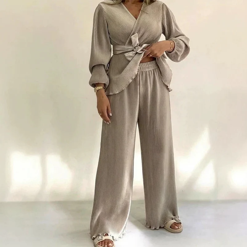 Damen Elegantes Plissee-Hosenanzug mit Bindegürtel Drune