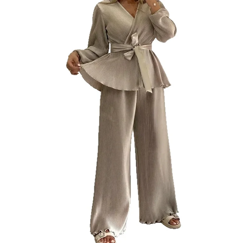 Damen Elegantes Plissee-Hosenanzug mit Bindegürtel Drune