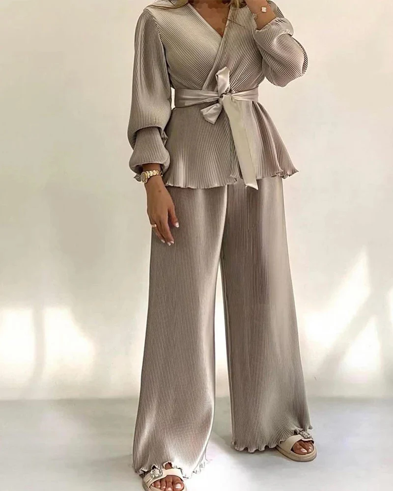 Damen Elegantes Plissee-Hosenanzug mit Bindegürtel Drune