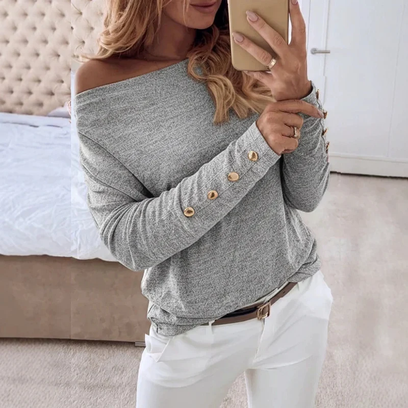 Damen Elegantes Oberteil mit Schulterfreiem Design und Knopfdetails Drune