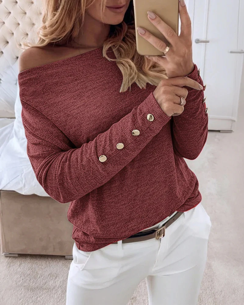 Damen Elegantes Oberteil mit Schulterfreiem Design und Knopfdetails Drune